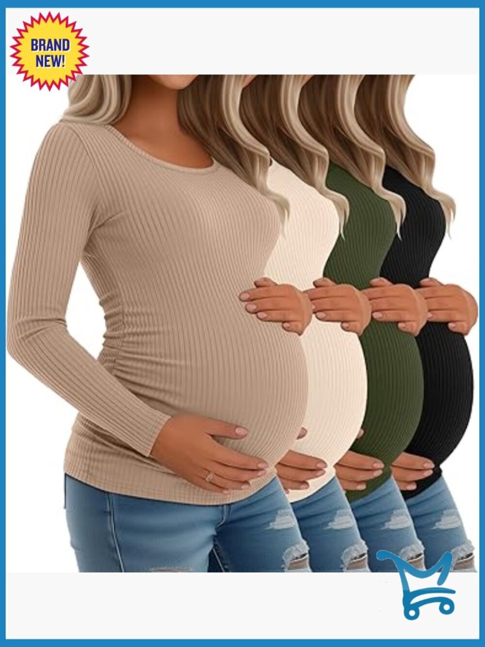 4 Pack Long Sleeve Maternity Tees Crewneck Side Ruched Soft Cotton Blend